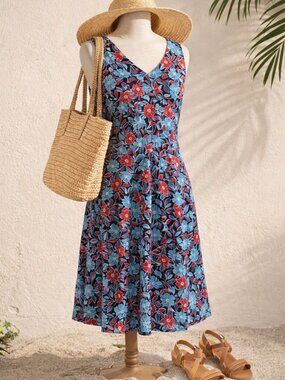 Floral Midi Dress Blue Red V Neck Sleeveless A-Line Size 8 Summer